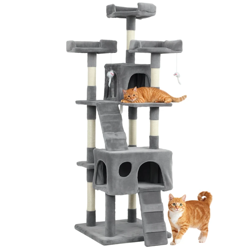 60 in Cat Scratching Tree — Multi-Level Climbing Tower with 2 Huts, 3 Beds, Sisal Posts, 2 Hanging Mice, Gray