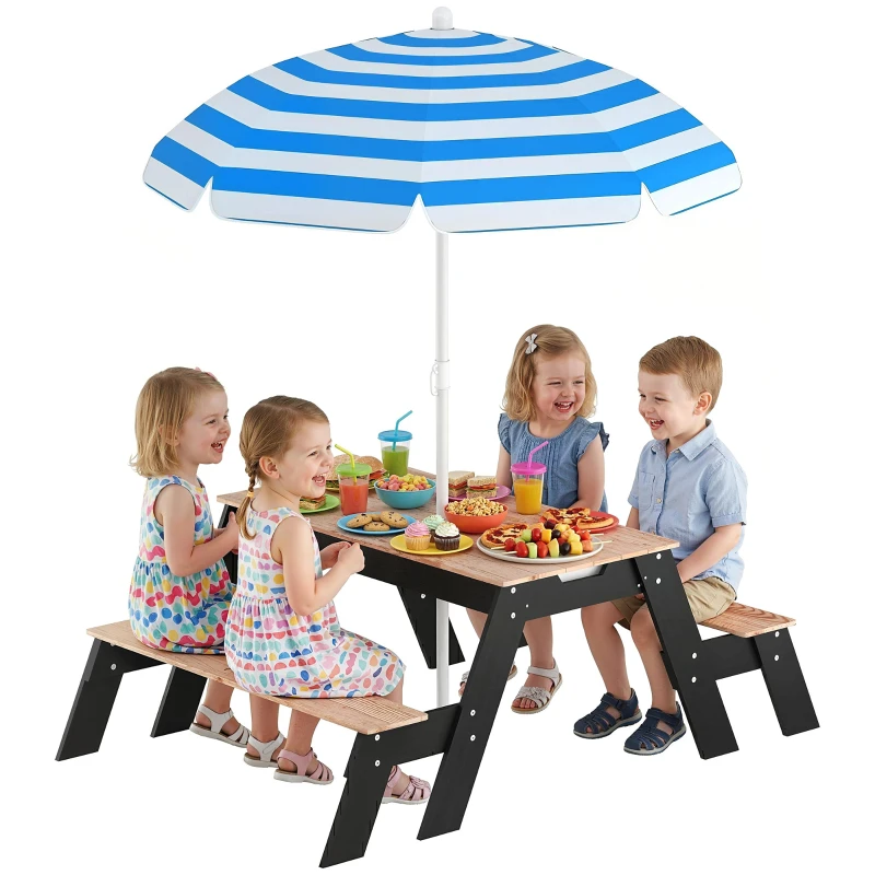 Kids Wooden Picnic Table with Removable Parasol — 3-in-1 Outdoor Play Table for Ages 3–6 with 2 Sand & Water Bins, 50 kg Capacity, Natural Wood