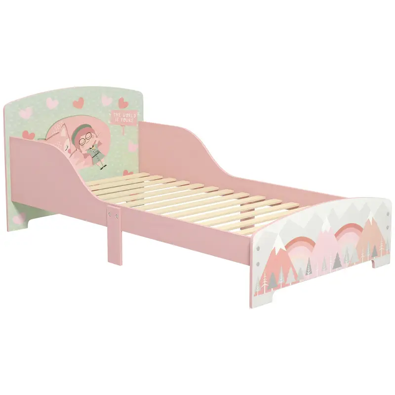 ZONEKIZ Wooden Children's Bed 143x77x60 cm Bed for Children aged 3-6 Years with Safety Barriers and Prints Max Load 40 kg Modern Pink Bedroom Furniture