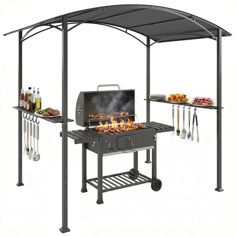 BBQ Grill Gazebo with Shelves & Hooks, Outdoor Barbecue Shelter Canopy, Steel Frame BBQ Tent for Patio Garden Yard 245 x 152 x 218 cm Dark Grey
