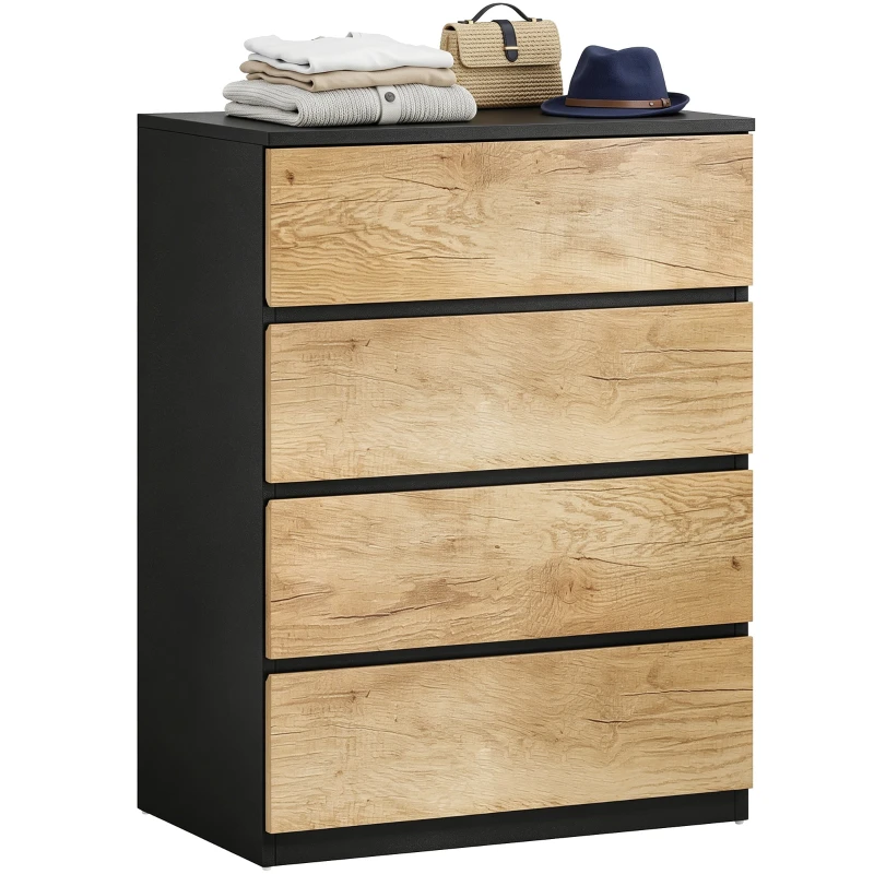 4-Drawer Dresser for Bedroom – Wood Chest for Living Room, Dining Room & Hallway, 60 x 39 x 80 cm (23.6 x 15.4 x 31.5 in), Black & Oak