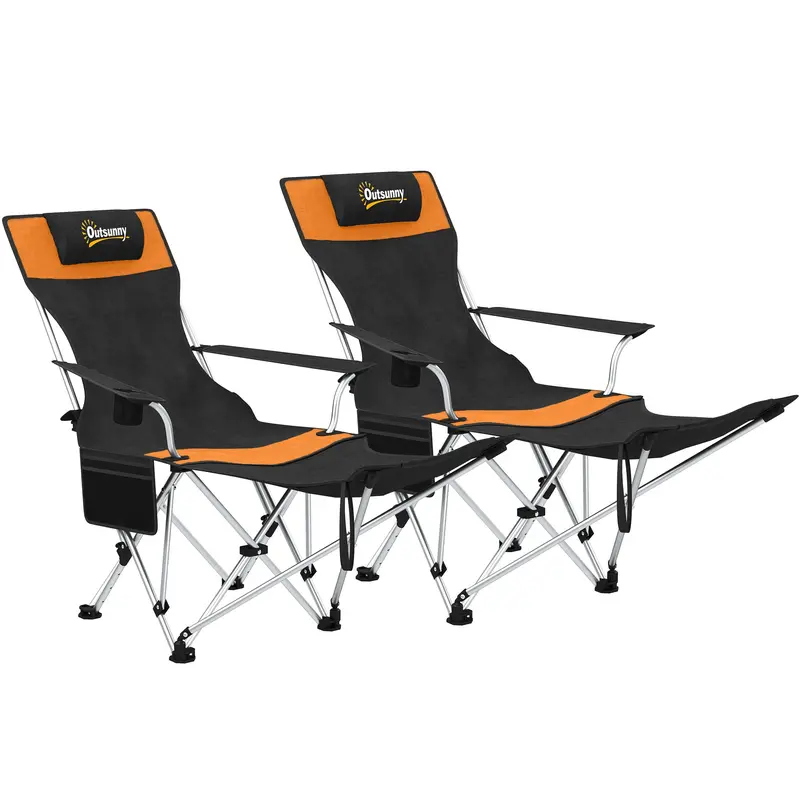 Lot de 2 chaises de camping pliantes Outsunny — fauteuils inclinables avec repose‑pieds amovible, porte‑gobelet et appui‑tête rembourré (capacité 120 kg)
