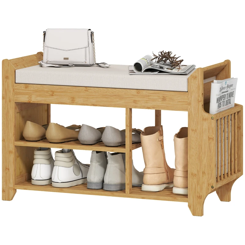 Shoe Bench with Padded Seat, Side Storage & Boot Shelf — Bamboo Frame, Natural/Beige, 31.5 x 11.8 x 19.7 in