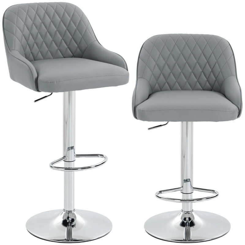 Set of 2 Adjustable PU Swivel Bar Stools – 360° Swivel, Padded Seat & Back, Metal Base with Footrest, Counter/Bar Height, Light Grey
