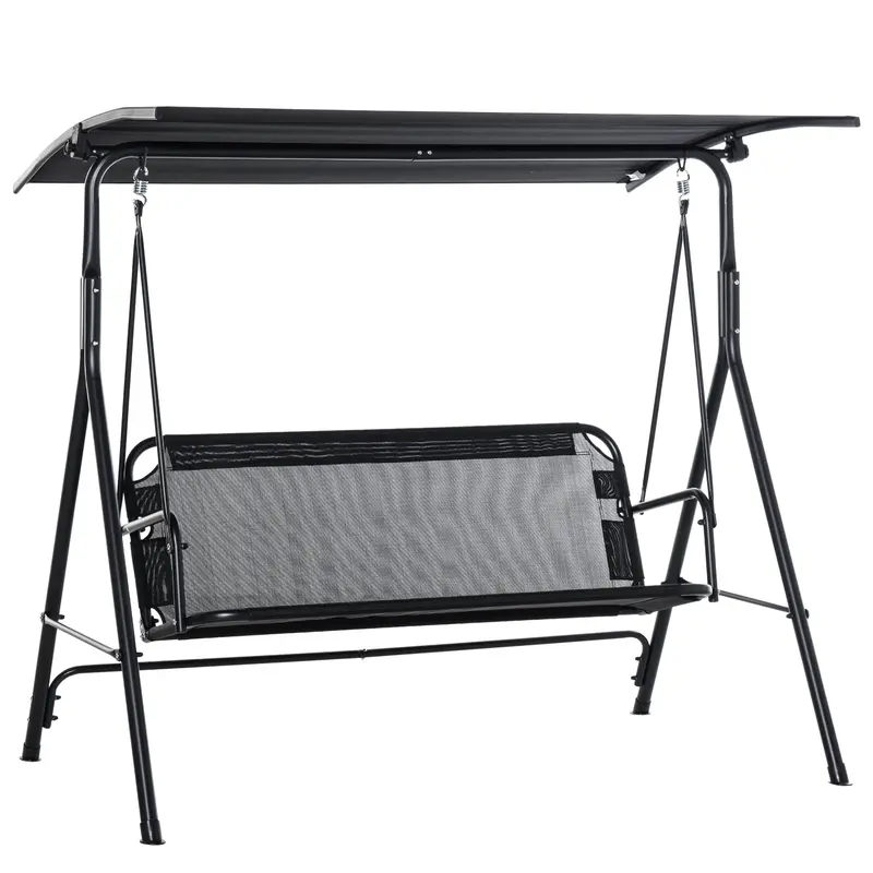 2 Seater Garden Swing Chair with Canopy Outdoor Patio Swing Bench Adjustable Sunshade Metal Frame Anti-Slip Feet Black