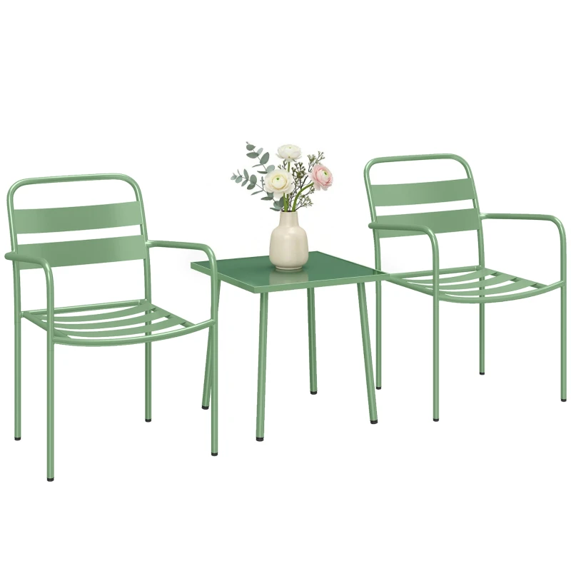 3-Piece Garden Bistro Set – Tempered Glass Coffee Table & 2 Slatted Chairs, Rust-Resistant Galvanized Steel Frame, Green