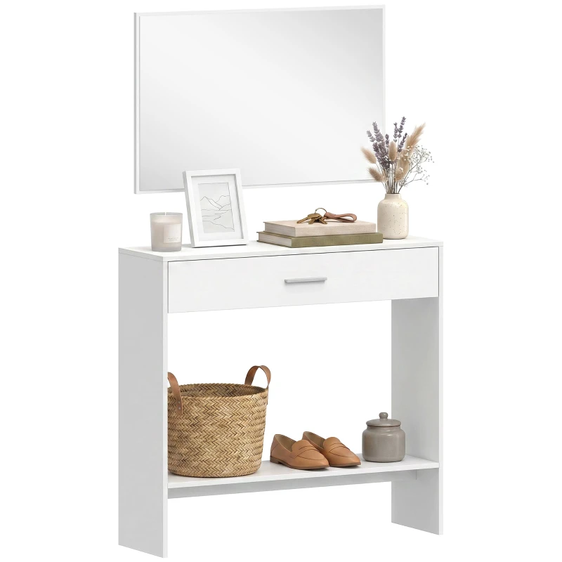 Entryway Console Table with Mirror, Drawer & Shelf — 2-Piece Hallway Set, Anti-Tip, 36 x 11 x 33.7 in, White