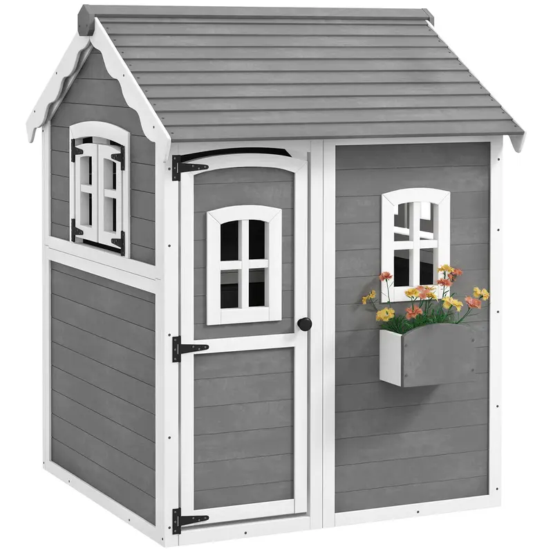 Children's Playhouse for 3-8 Years Old with 6 Windows and Planter Box, Wooden Playhouse, 104.5x110x137 cm, Grey