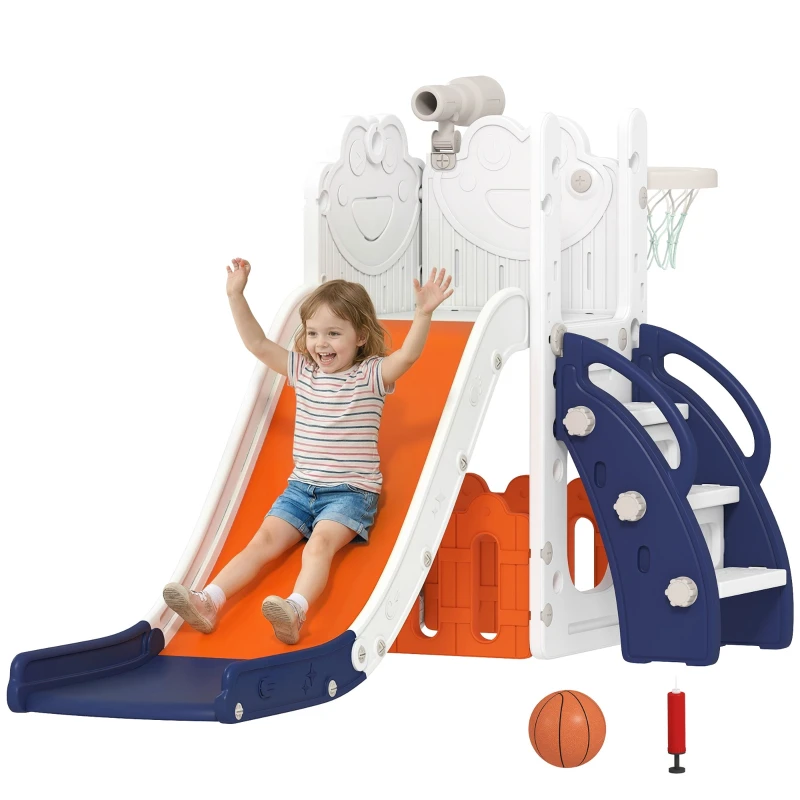 5-in-1 Toddler Slide with Hoop, Ladder, Toy Telescope & Storage Box — Indoor/Outdoor Playset for Ages 1-3, Dark Blue