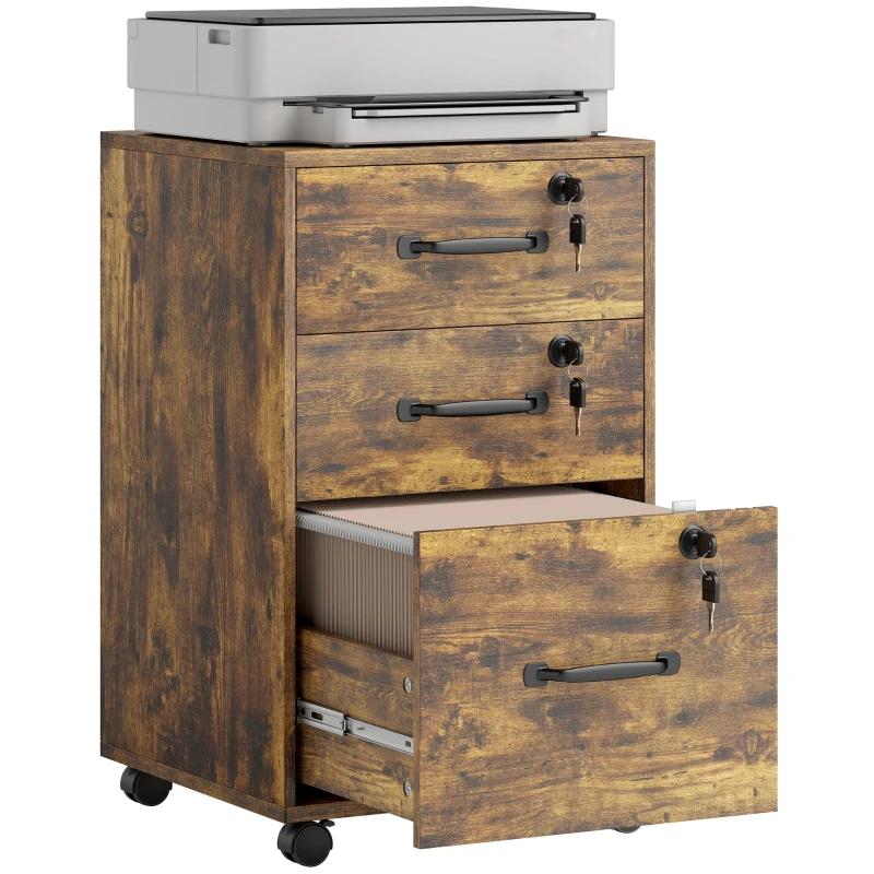 Mobile 3-Drawer Lockable Office Pedestal for A4/Letter Hanging Files and Printer Stand, Rustic Brown