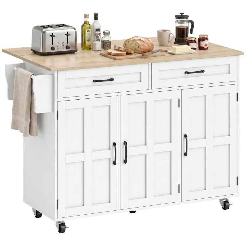 Kitchen Island with Drop-Leaf Top, Rolling Kitchen Cart with 2 Drawers, 3 Doors, Door Rack, Towel Bar & Adjustable Shelf, 50.8 x 28.3 x 35.6 in, White