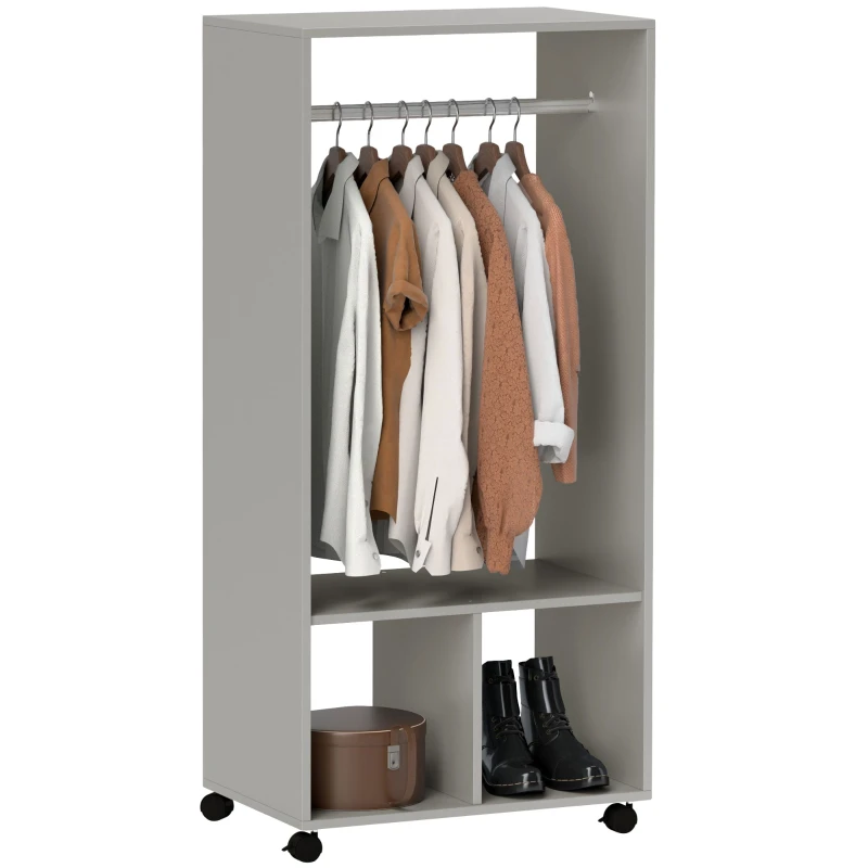 Wardrobe with Hanging Rail, Shelf & 2 Compartments, 4 Swivel Casters — 60 x 40 x 128 cm, Grey
