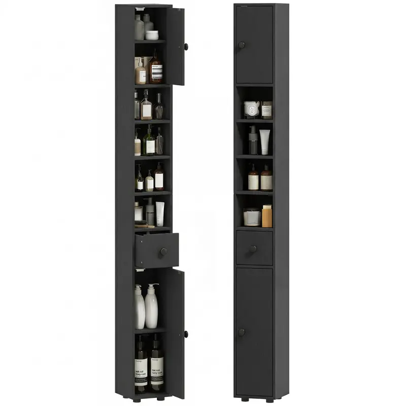 Slim Bathroom Cabinet, Tall Toilet Cupboard with Drawer and 4 Open Shelves, Space-Saving Bathroom & Living Room Storage, 8 x 8 x 71 in (20 x 20 x 180 cm), Black