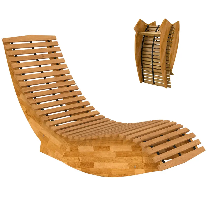 Folding Wooden Sun Lounger, Acacia Wood Rocking Garden Lounger with Ergonomic S-Shape, Slatted Recliner Design, FSC-Certified Outdoor Daybed, 120 kg Capacity, Natural, 156 x 60 x 77 cm