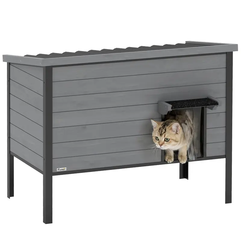 PawHut - Maison pour chat en bois résistante aux intempéries avec toit à charnière et plancher amovible, 85 x 55 x 70 cm – Abri intérieur/extérieur pour 1–2 chats (jusqu'à 12 kg chacun), gris clair