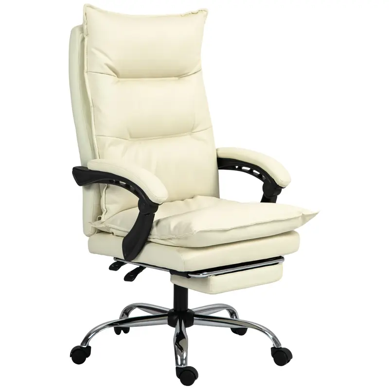 Ergonomic Office Chair, 155° Recline with Retractable Footrest, Easy-Clean PU Leather Desk Chair, Padded Armrests, Swivel & Height Adjustable, Beige