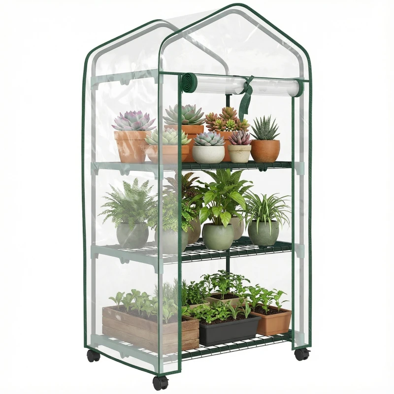 3-Tier PVC Garden Greenhouse with Shelves, Steel Frame & Roll-Up Zipper Door — For Vegetables, Plants & Flowers — 69 x 49 x 130 cm (27.2 x 19.3 x 51.2 in), Clear