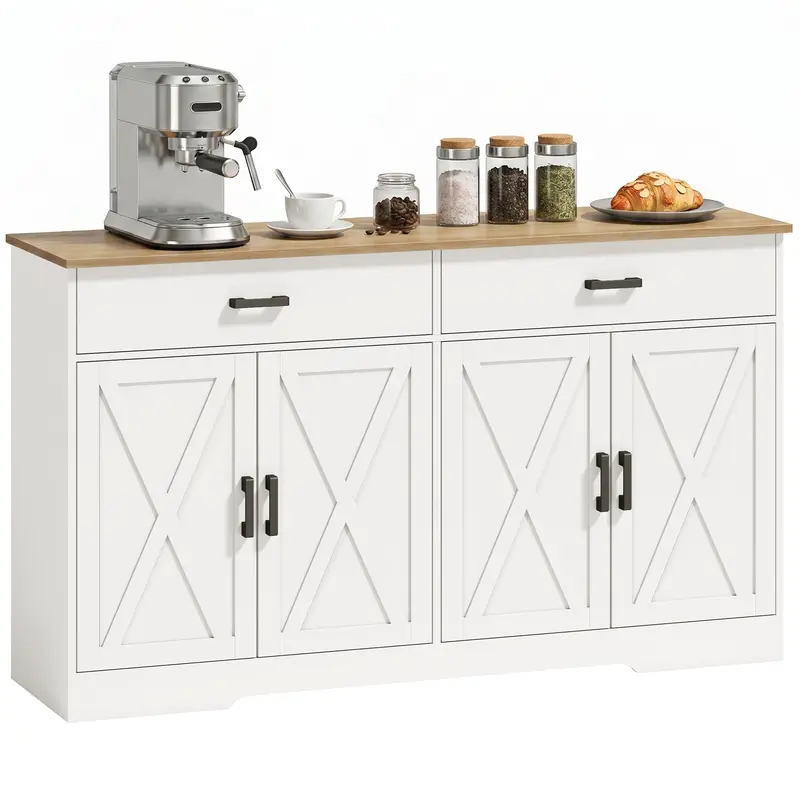 Sideboard Buffet Cabinet, 55.1 in Farmhouse Kitchen Cabinet with 2 Drawers & 2 Cabinets, Coffee Bar with Sliding/Barn-Style Doors and Adjustable Shelves, White