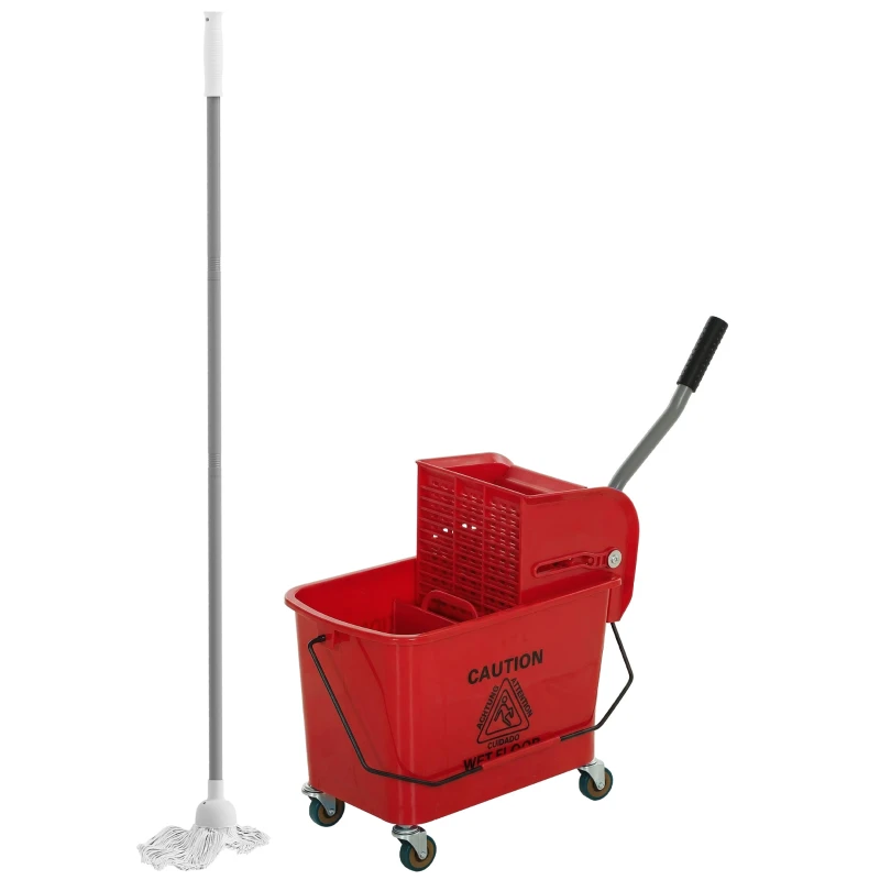 20L Rolling Mop Bucket with Side Wringer and Carry Handle — Red