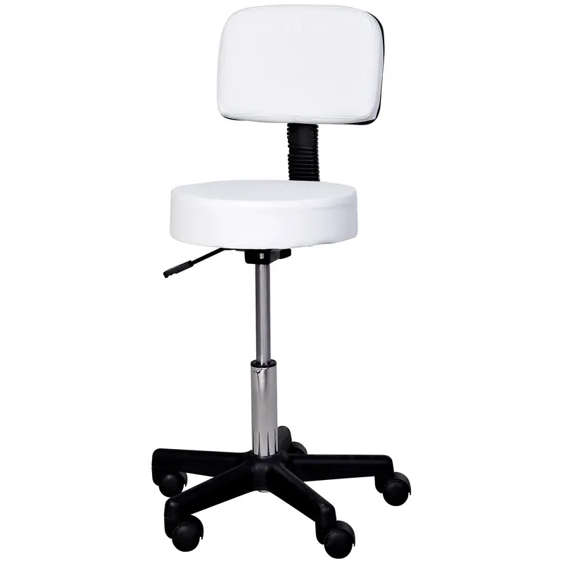 Rolling Stool Height Adjustable Work Stool with Backrest, Swivel Salon Stool for Massage Office Faux Leather White ?35 x 72-84 cm