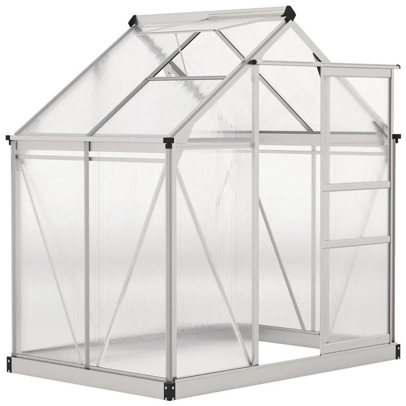 Aluminum Greenhouse 2.51 m² (27 sq ft) — 190 x 132 x 201 cm (74.8 x 52.0 x 79.1 in) with Galvanized Base, Roof Vent, Sliding Door, 4 mm UV-Resistant PC Panels — Outdoor Garden Greenhouse / Tomato House / Cold Frame