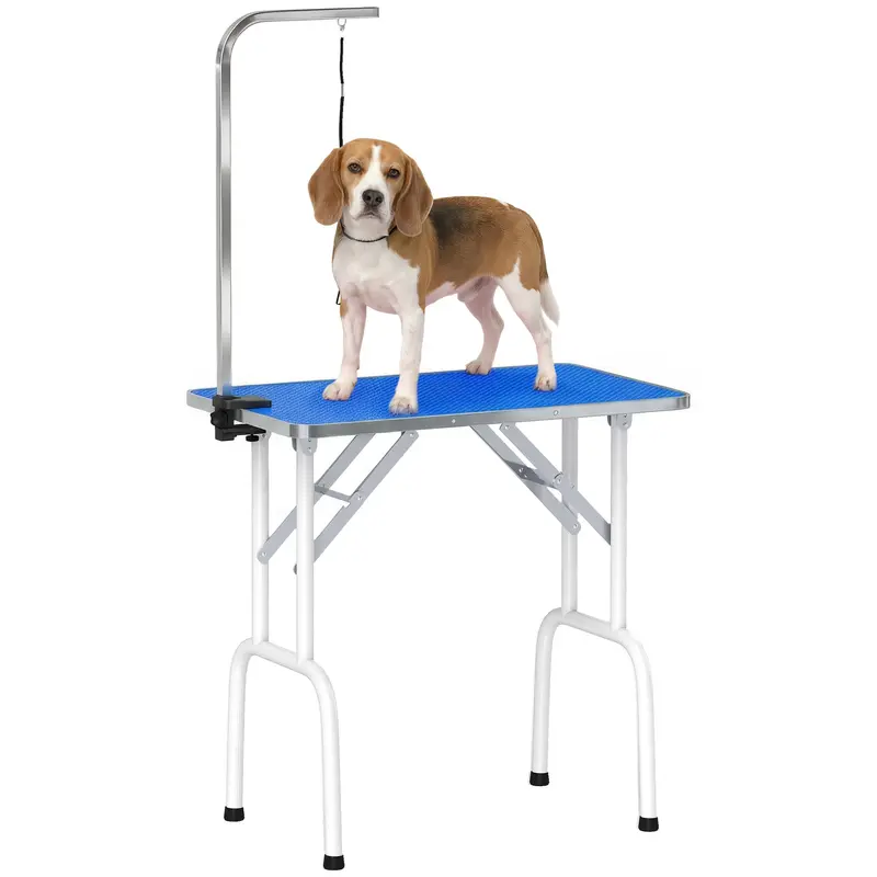 Folding Dog Grooming Table, Non-Slip Top, Adjustable Stainless Steel Arm, for Small & Medium Dogs, 32 x 19 x 31.5 in, Blue