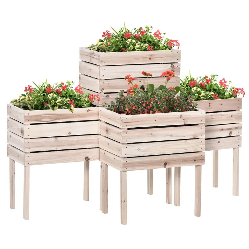 Outsunny 4-teiliges Hochbeet Pflanzbox Holzpflanzkasten 4 Kombinationsmöglichkeiten im Garten und auf dem Balkon 50 x