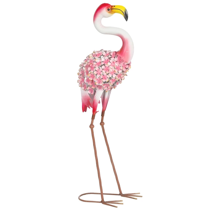 Pink Flamingo Garden Statue, Metal Bird Sculpture with Floral Feathers, Outdoor Décor with Ground Stakes for Garden, Patio or Landscaping, Red