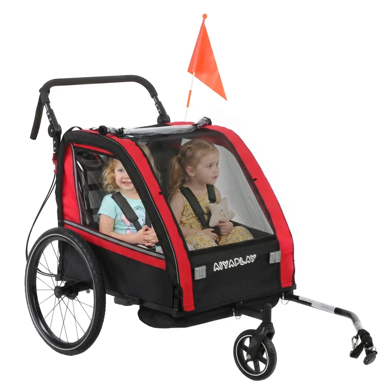 2-in-1 Kids Bike Trailer & Stroller, 2-Seater, Adjustable Handlebar, Handbrake, 5-Point Safety Harness, Safety Flag, Universal Hitch, Up to 84 lb (38 kg), Red