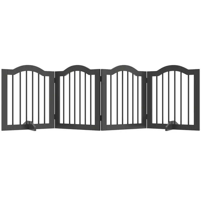 4-Panel Folding Dog Gate with Walk-Through Door, 81.9 x 24 in, Freestanding with 2 Support Feet, for Stairs/Kitchen/Hallway, Black