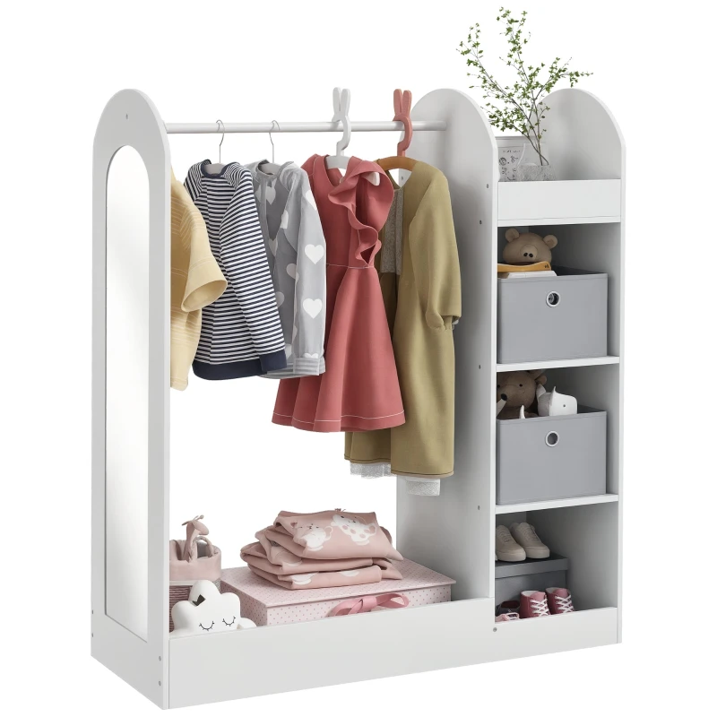 Kids' Coat Rack with Shelves, 2 Storage Bins, Hanging Rail & Mirror – Wooden Kids' Organizer, 66 lb Capacity, White