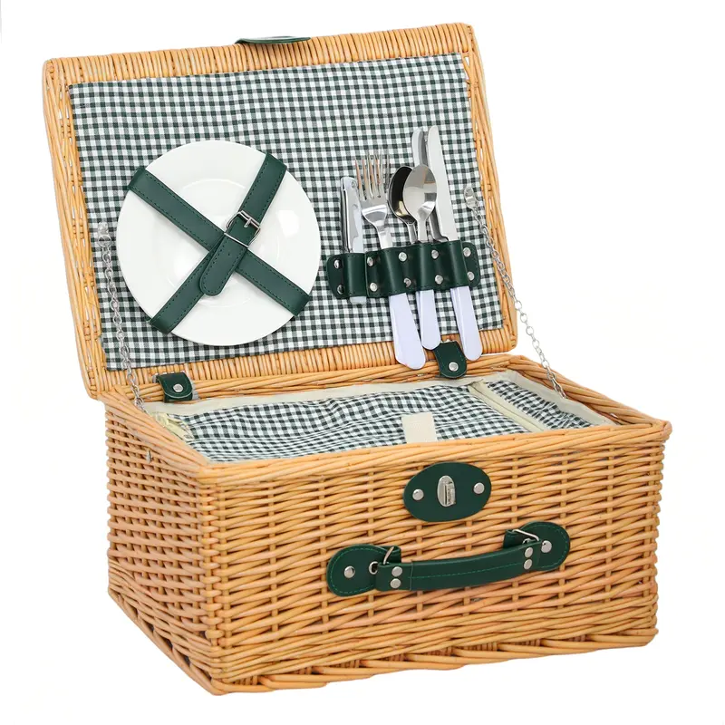 Willow Picnic Basket Set for 2 with Insulated Cooler Bag Tableware Set, Complete Picnic Set for Camping Beach Christmas Light Brown