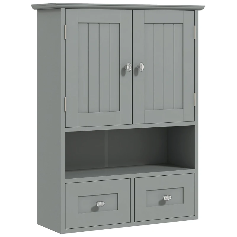 Wall-Mounted Bathroom Cabinet with Double Doors, Open Shelf & 2 Drawers, 20 x 7 x 26 in, Gray