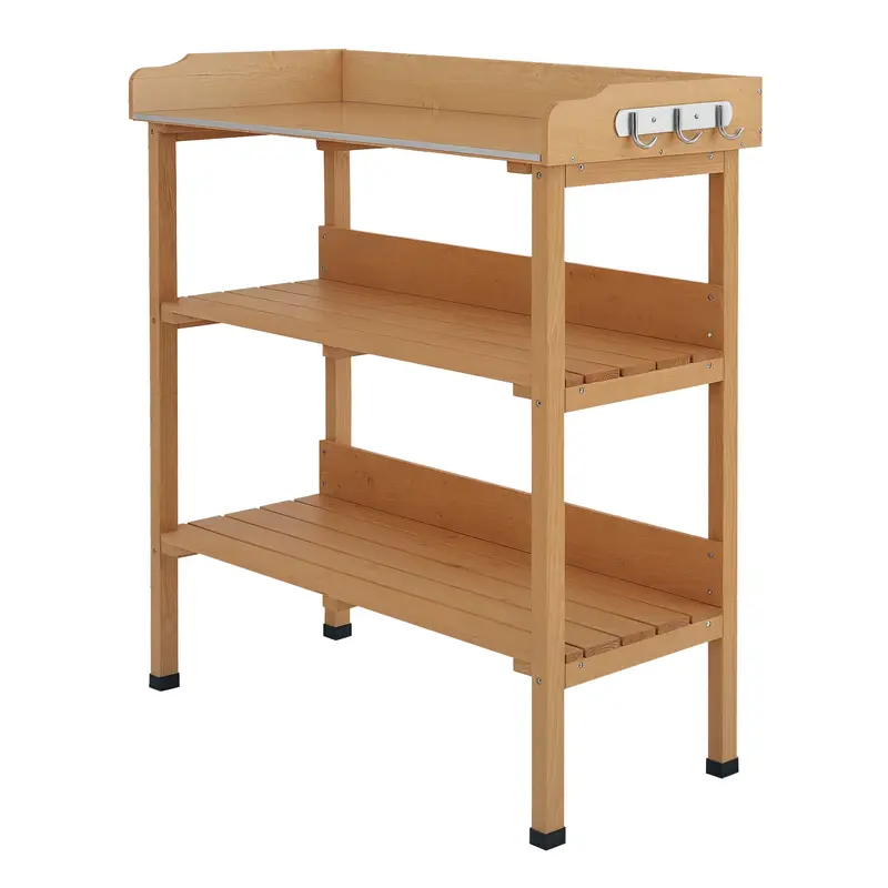 Table de Jardinage en Bois à 3 Niveaux Outsunny avec Plaque Métallique, 2 Étagères et Crochets, Résistante aux Intempéries pour Terrasse ou Balcon 76x37x89 cm