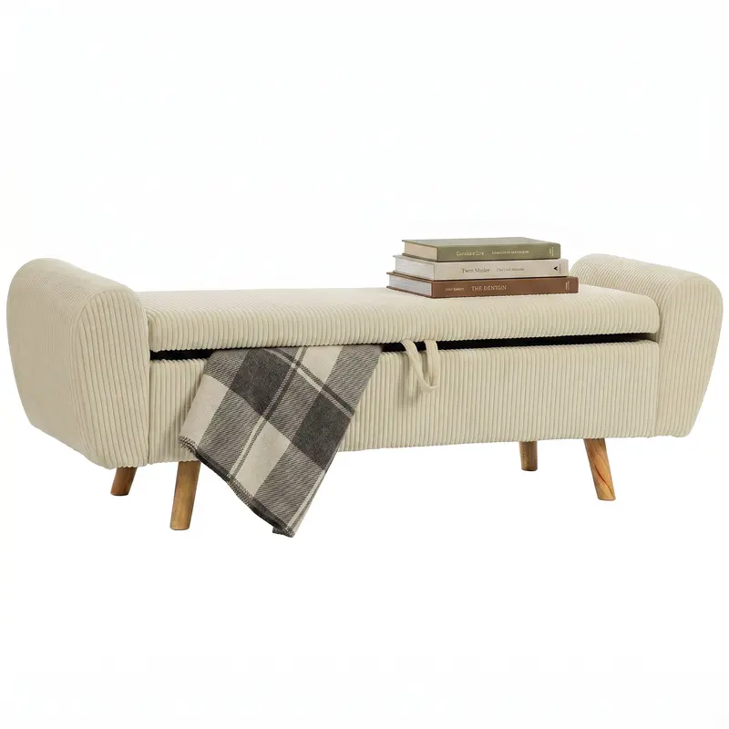 73 L Storage Bench, 59 x 17.7 x 20 in (150 x 45 x 51 cm), Upholstered Corduroy Velvet with Armrests and Hevea Wood Legs, Beige