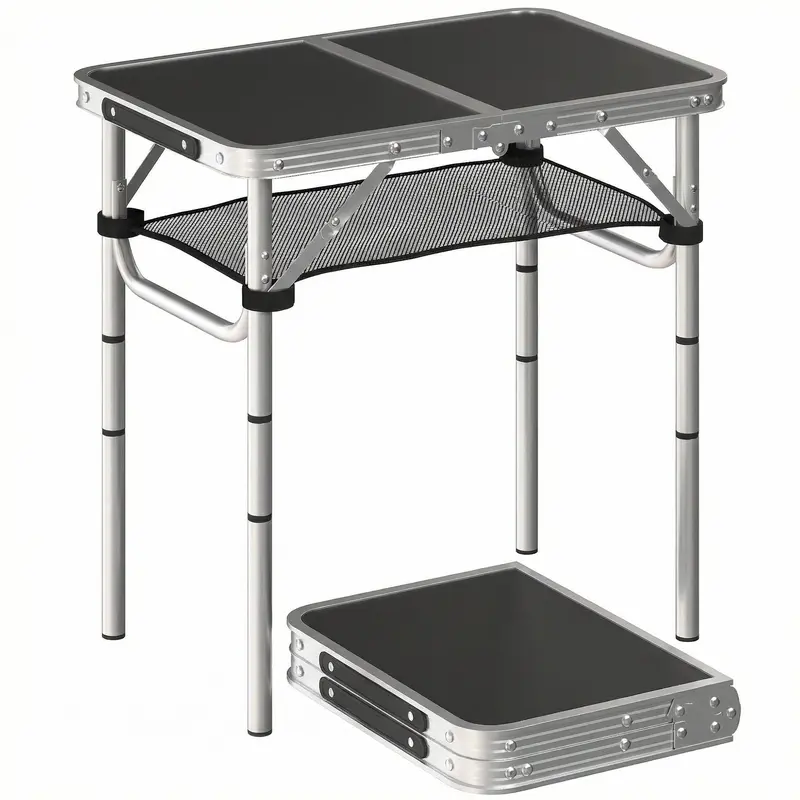 Folding Aluminum Camping Table, Rectangular 23.6 x 15.7 x 23.6 in, Carry Handle, 4 Adjustable Heights, Mesh Storage — Black