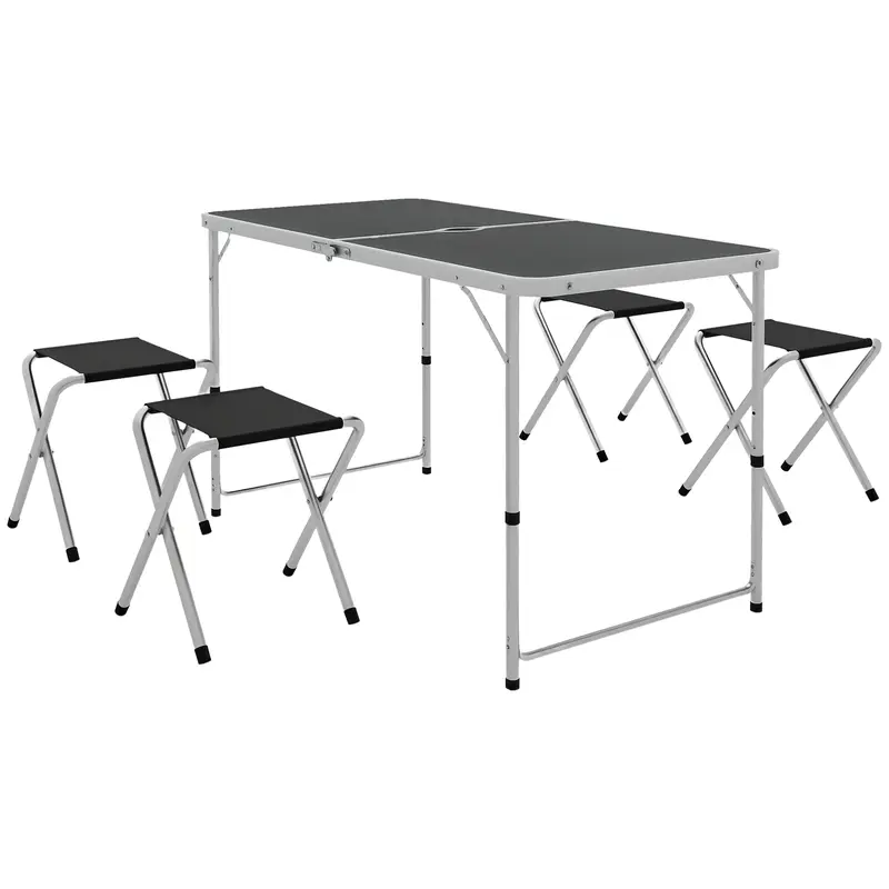 5-Piece Camping Set Folding Camping Table with Chairs Includes 1 Height Adjustable Table with Umbrella Hole 120x60x55-70 cm and 4 Foldable Stools Black