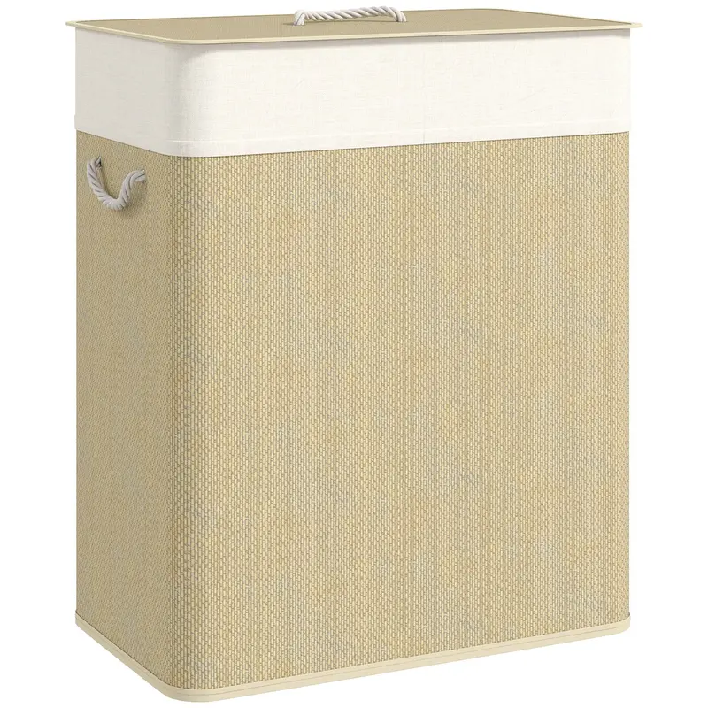Bamboo Laundry Hamper with Lid 100L Laundry Basket with 2 Compartments Removable Inner Bag for Laundry Room Bedroom 52x32x63 cm Natural