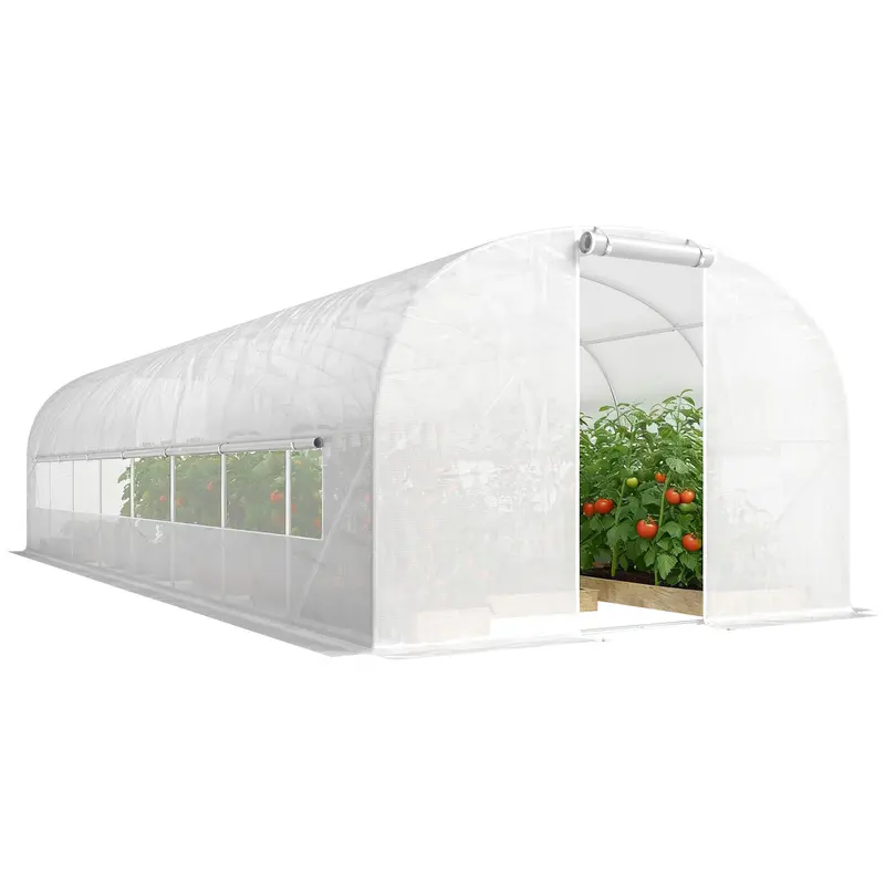 24 m2 (258 sq ft) Tunnel Greenhouse — Galvanized Steel Frame, Roll-Up Doors & 2 Large Mesh Windows, 140 gsm PE Cover, White