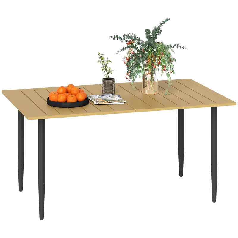 Table de jardin Outsunny 150 x 90 cm avec trou pour parasol, acier thermolaqué résistant aux intempéries, plateau à lattes - Marron