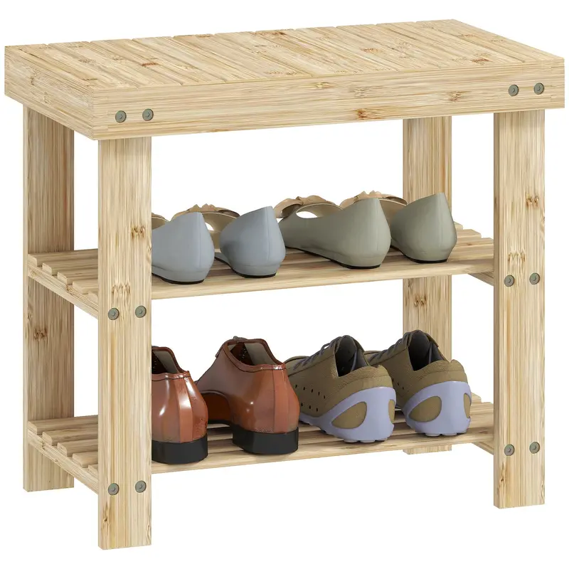 HOMCOM Bambus Schuhbank Schuhregal mit Sitz 3-Layer Schuh Organizer für 4 Paar Schuhe für Eingang
