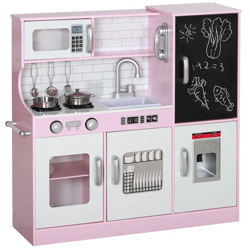 Kids Kitchen Play Kitchen with Toy Phone, Chalkboard, Microwave, Stove, Sink, Doll Kitchen with Kitchen Accessories, Ice Cube Maker for 3-8 Year Olds, Pink