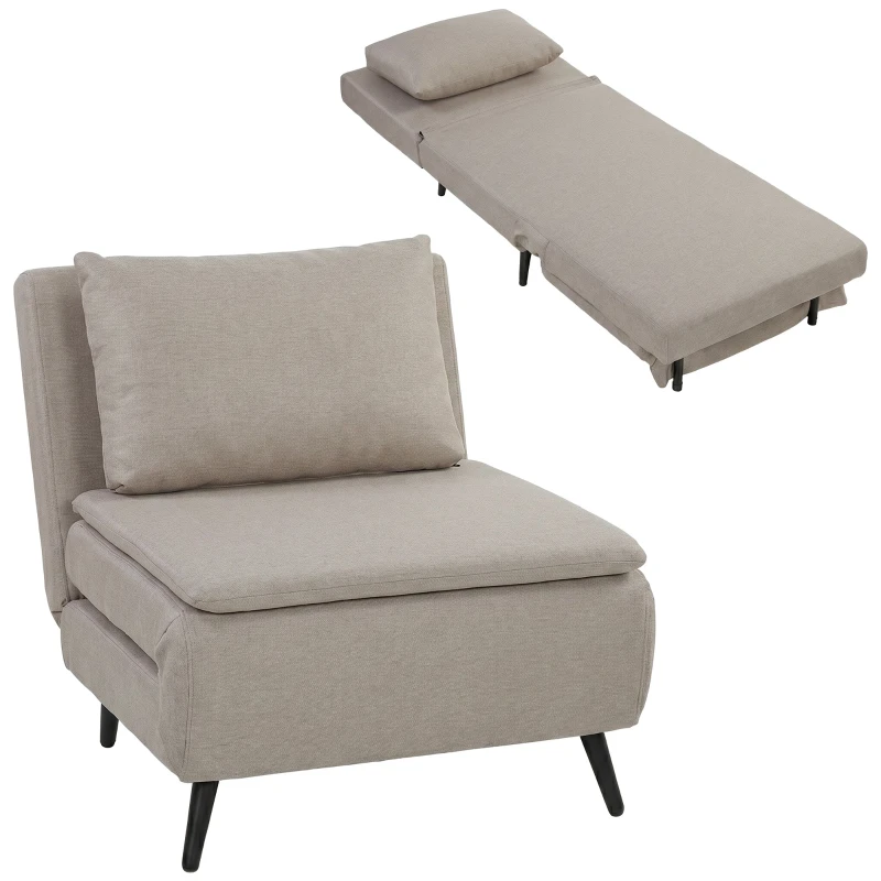 1-Seat Convertible Armchair, 3-in-1 Click-Clack Sofa Bed with Adjustable Backrest, Pillow, Wide Seat, S-Springs, Linen-Look Upholstery, Light Brown