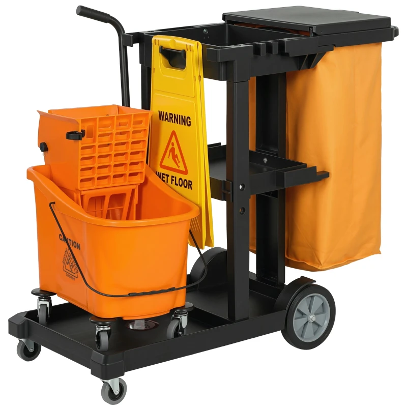 Professional 3-Tier Cleaning Cart with 70L Waste Bag, Broom Hooks, Mop Bucket with Wringer and 4 Wheels for Hotels & Hospitality - 122 x 46.5 x 101 cm (48 x 18.3 x 39.8 in)
