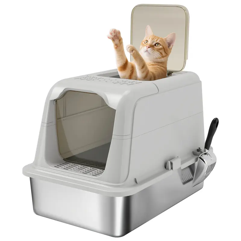 Covered Cat Litter Box with Stainless Steel Tray — Anti-Tracking, Leak-Resistant, Easy-Clean; For Large Cats up to 8 kg (17.6 lb), 60.4 x 40.4 x 41.8 cm (23.8 x 15.9 x 16.5 in), Light Gray & Black