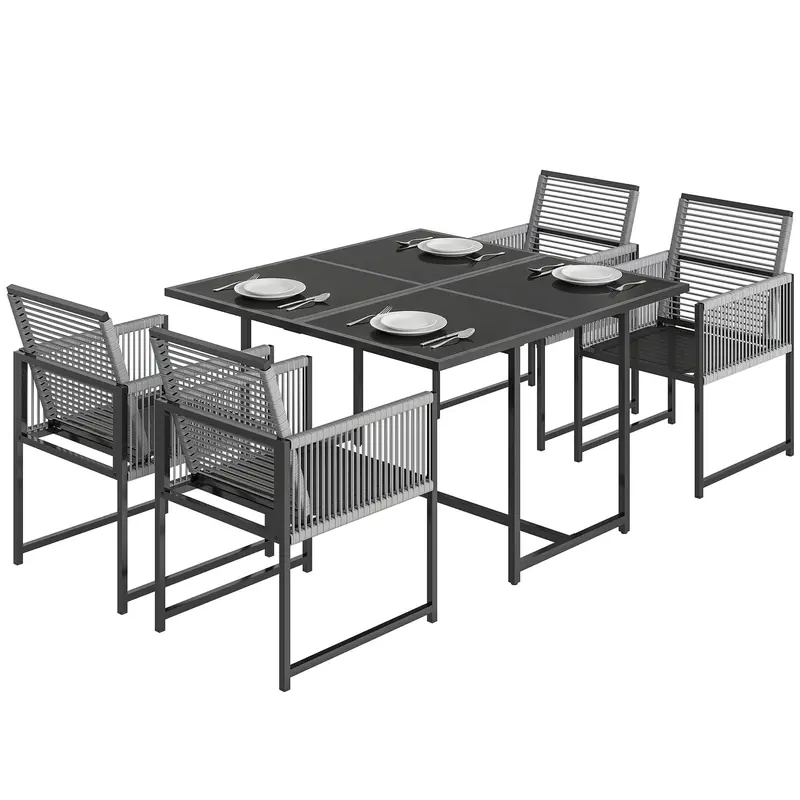 5-Piece Outdoor Dining Set - Square Tempered Glass Table with 4 Breathable Folding Rope Chairs, Space-Saving, Light Gray