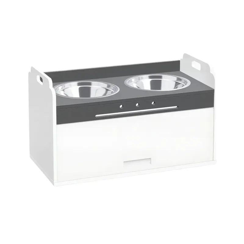 PawHut Mangeoire surélevée pour chien avec rangement, 2 bols en inox (1 bol anti-glouton), station antidérapante pour grands chiens, blanc