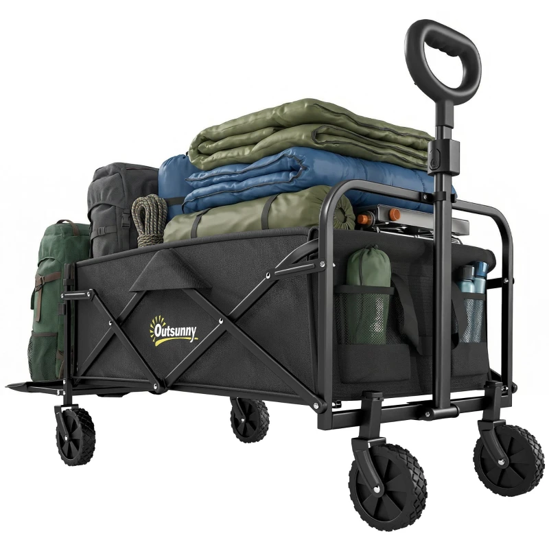 72L Folding Garden Wagon, 4-Wheel Camping Cart with Carry Bag & Adjustable Handle for Picnics, Beach & Fishing — Black