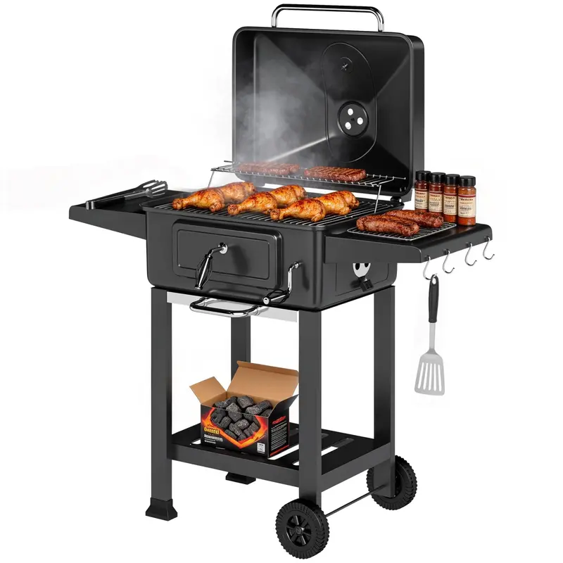 XXL Charcoal Grill with Lid — 44" Garden Grill Cart with Adjustable Vents, Ash Bin & Thermometer, Black