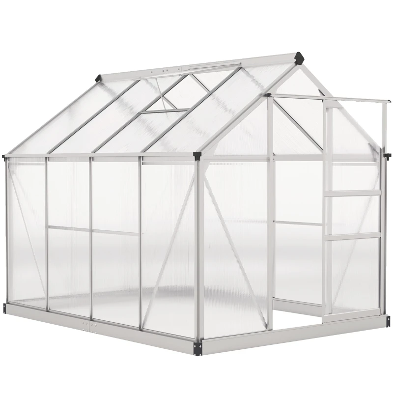 Aluminum Greenhouse, 51.6 sq ft (190 x 252 x 201 cm / 6'3" x 8'3" x 6'7"), Foundation Base, Roof Vent, Sliding Door, 4 mm UV-Resistant Panels – Garden Greenhouse for Tomatoes & Seedlings